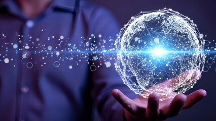 Futuristic Digital Technology Concept with Glowing Holographic Network Globe Over Businessman Hand