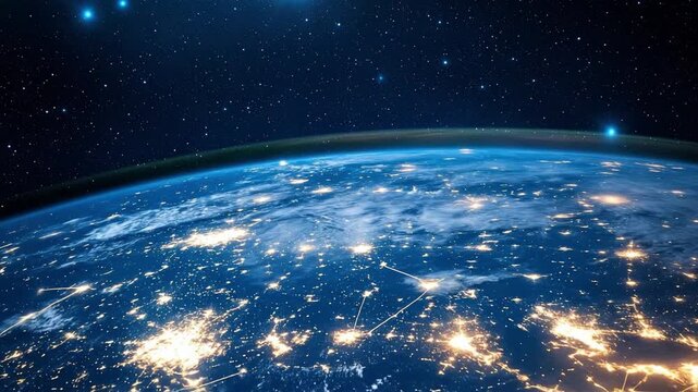 Planet Earth from space with global network connections and glowing city lights at night