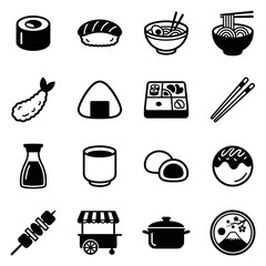 Japanese Food Icon Set Featuring Sushi, Tempura, Ramen, Udon, And More In Black And White Style