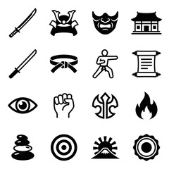 Japanese Martial Arts Icon Set Featuring Katana Sword, Belt, Eye, Fist, Zen Stones