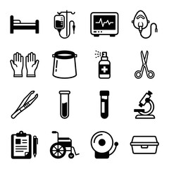 Medical Clinic Icon Set Featuring Gloves Face Shield Tweezers Test Tube Clipboard Wheelchair
