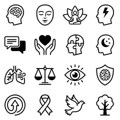 Mental Health Icon Set Featuring Brain Heart Lungs Eye Speech Bubble Scales Ribbon