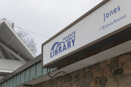 sign outside Toronto Public Library - Jones Branch, 118 Jones Av at Dundas St E