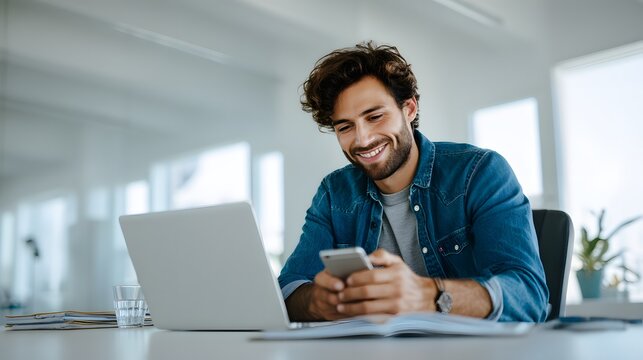Man is sitting at a desk with a laptop and a cell phone