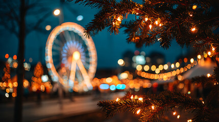 Warm Glow of Festive Lights at a Christmas Market Ferris Wheel