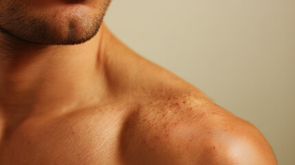 Naklejka premium Dry rough skin with acne and redness on male shoulder area close up, showing skin texture and irritation in natural light