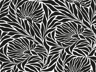 Seamless black and white floral background with leaves and flowers. Vector hand drawn minimal abstract organic shapes pattern. Monochrome