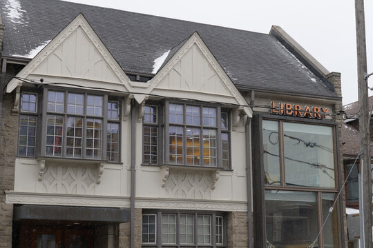 exterior facade and sign of Toronto Public Library - Pape/Danforth Branch, located at 701 Pape Av