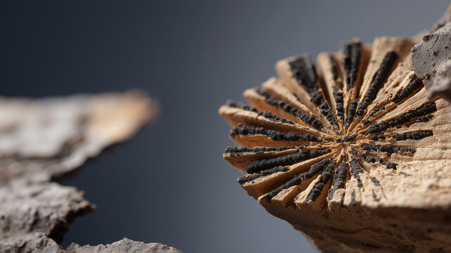 bark beetle galleries on dead sapwood, complex radiating tunnel patterns with dark frass and wood grain texture