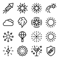 New Year Fireworks Icon Set Featuring Rocket Burst Star Cloud Parachute