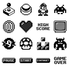 Pixel Game Icon Set Featuring Classic Joystick, Arcade Buttons, Pixel Characters, And Game Elements