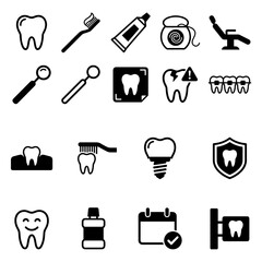 Dental Care Icon Set With Tooth Symbol, Toothbrush, Dental Tools, Dental X-Ray, Mouthwash, Black And White Style