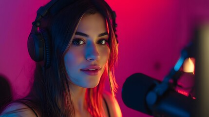 Naklejka premium Woman wearing headphones and a microphone