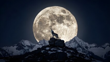 A lone wolf stands on a rocky outcrop in the snowy mountains, howling at a massive full moon against a dark night sky