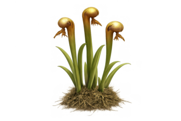 Alien fantasy plant growing from soil with golden bulbous blooms and emerging green foliage, transparent background
