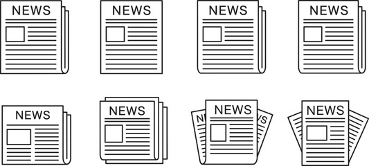 Newspaper icons set with news headlines documents and media layouts in minimal outline vector illustration style
