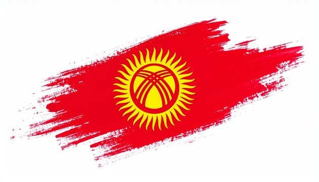 Artistic Kyrgyzstan Flag with Red Paint Brush Strokes and Yellow Sun Tunduk Symbol
