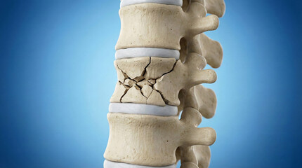3D Illustration of an Osteoporotic Compression Fracture in the Lumbar Spine Showing a Broken Vertebra and Spinal Bone Damage for Medical Education and Healthcare Concepts