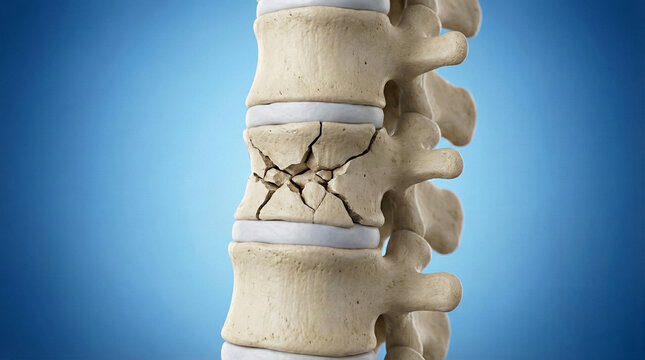 3D Illustration of an Osteoporotic Compression Fracture in the Lumbar Spine Showing a Broken Vertebra and Spinal Bone Damage for Medical Education and Healthcare Concepts