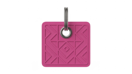 Pink silicone tag with geometric pattern and metal ring isolated on a transparent background