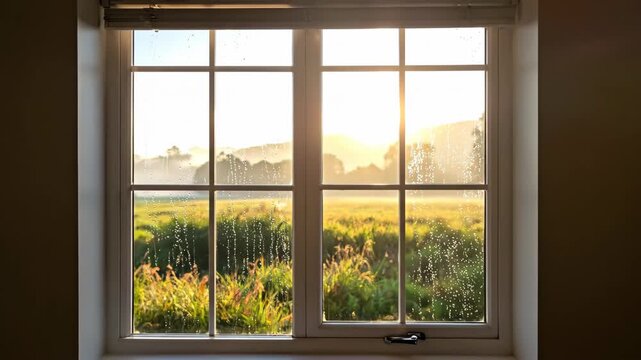 Raindrops on Window Overlooking Golden Field at Sunrise, Interior View