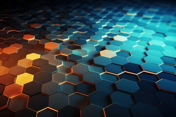 Hexagonal pattern displaying an abstract network with glowing orange and blue light