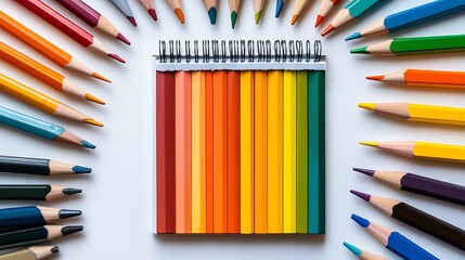 Colorful notebook surrounded by pencils