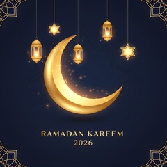 Ramadan Kareem 2026 Crescent with Hanging Lanterns
