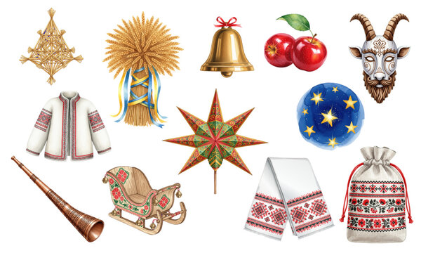 Ukrainian Christmas Traditions Watercolor Folk Holiday Element Set