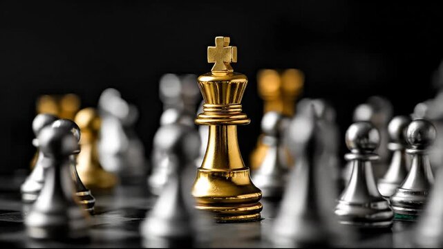 Golden Chess King Standing Out Among Silver Pawns on Dark Board Business Strategy and Leadership Concept