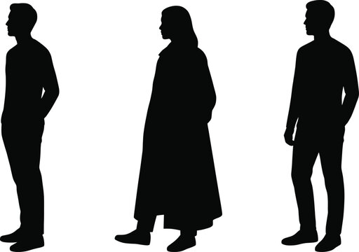Black silhouettes of three people standing side by side facing left, showcasing varied posture, clothing style, and human form for design.