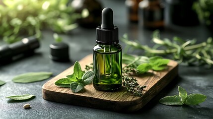 Essential oil bottle with fresh herbs