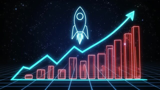 Holographic revenue line with rocket animation, Rocket launch over rising growth graph