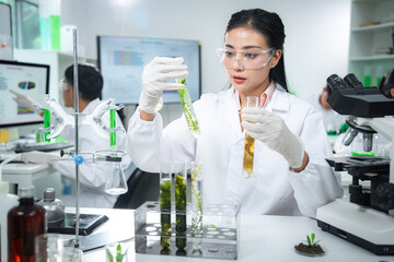 Scientist comparing algae samples in modern laboratory to study renewable bioenergy, biotechnology, and sustainable innovation, support eco-friendly solutions, clean power, and alternative energy.
