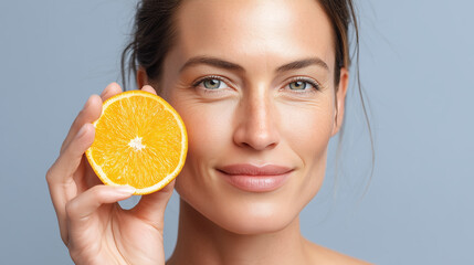 Close up portrait of woman holding half orange near her face with soft smile and clear skin on light blue background