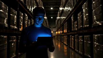 Warehouse Worker Analyzing Inventory Data Using Tablet in Dimly Lit Storage Area