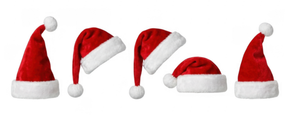 Red Santa hats in different positions and angles red hats isolated on a transparent background