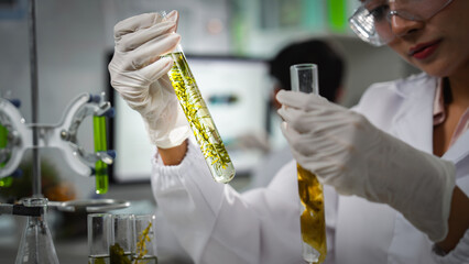 Scientist comparing algae samples in modern laboratory to study renewable bioenergy, biotechnology, and sustainable innovation, support eco-friendly solutions, clean power, and alternative energy.