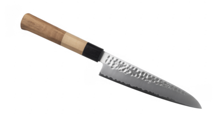 Sharp kitchen knife with wooden grip sharp knife blade isolated on a transparent background