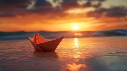 Paper boat at sunset