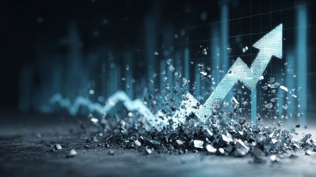 A blue arrow emerges from rubble, symbolizing growth and success in a dynamic, abstract scene. Background includes blurred charts