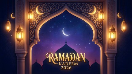 Ramadan Kareem 2026 Lanterns with Crescent Moon Archway