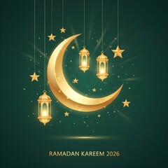 Ramadan Kareem 2026 Gold Crescent on Blue Background