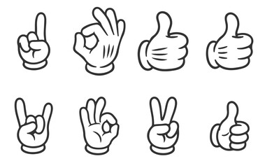 Fototapeta premium Cartoon Hand Gestures Set, Vector Outline Illustration, White Glove Icons Collection.