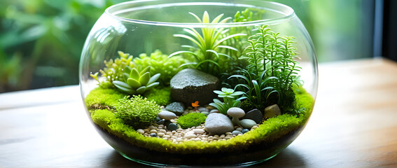 A glass terrarium moss miniature plant succulent pebble rock indoor tabletop soft light