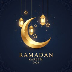 Ramadan Kareem 2026 Golden Crescent Moon Green Background
