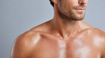Naklejka premium Wet male chest and shoulder with water droplets and smooth skin closeup, showing healthy and hydrated skin texture with soft natural sheen and light beard on jawline