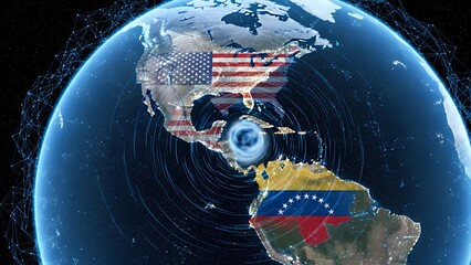 Abstract Blue Digital Network Overlaying Globe with USA and Colombia Flags Symbolizing International Relations and