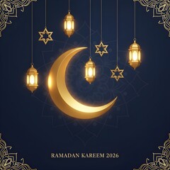 Ramadan Kareem 2026 Golden Crescent with Lanterns Background