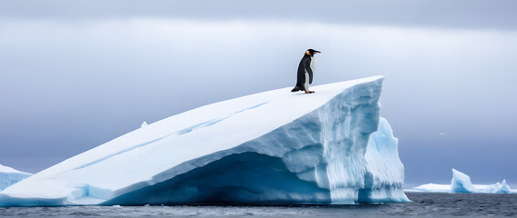 A lone penguin iceberg Antarctic snow ocean cold